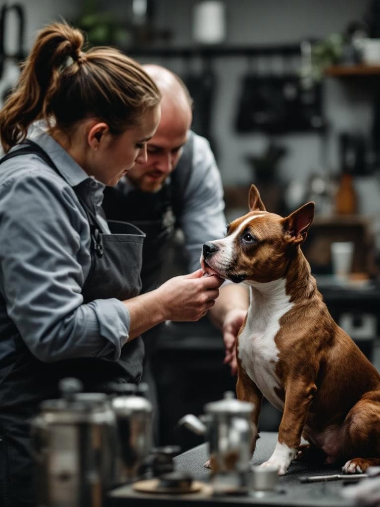 Two individuals grooming a Staffordshire Bull Terrier in a cozy setting.