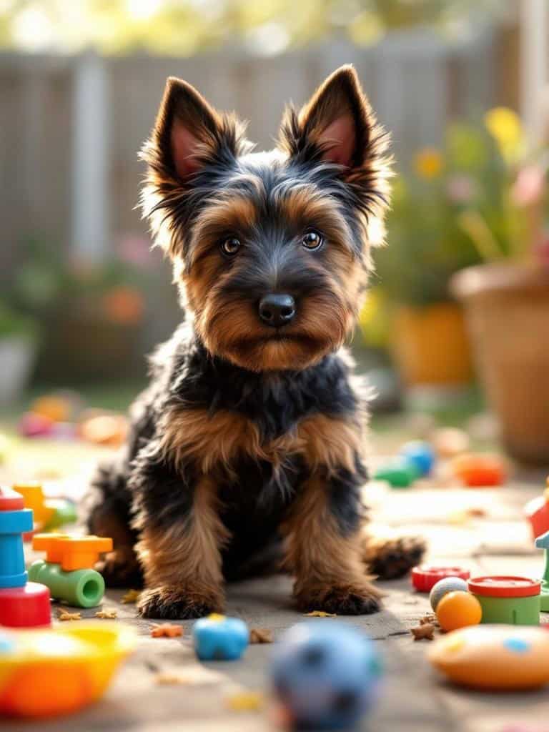 A Scottish Terrier puppy with a playful expression, surrounded by colorful toys.