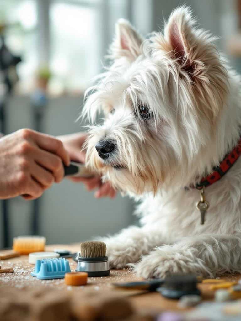 A person grooming a West Highland White Terrier with various grooming tools on a table.