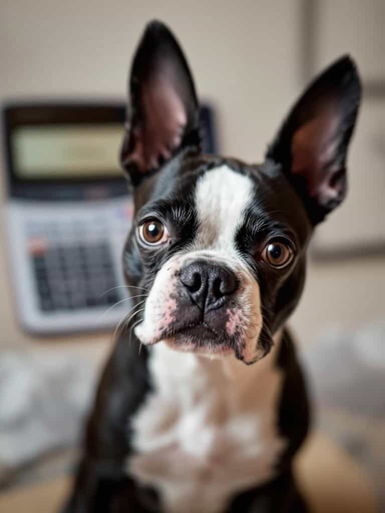 A Boston Terrier sitting next to a sign displaying grooming costs.