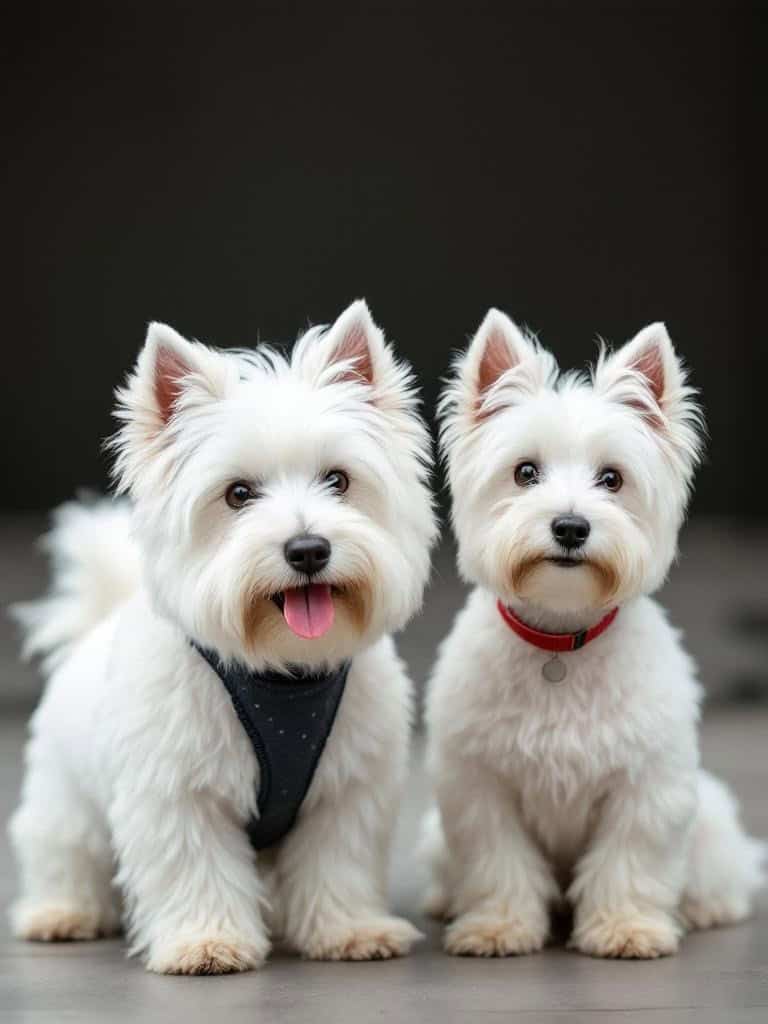 Two West Highland White Terriers standing side by side, showcasing their fluffy white coats.