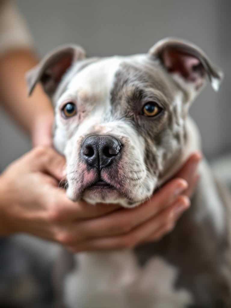 A close-up of a Staffordshire Bull Terrier being gently held, showcasing its calm demeanor.