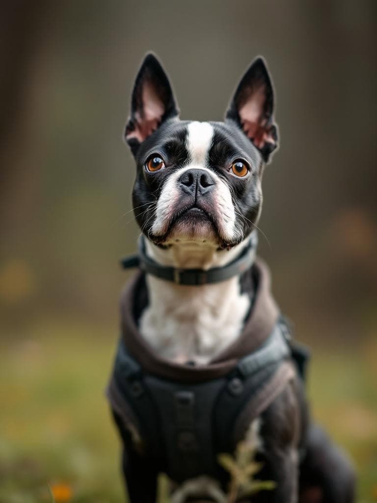 A Boston Terrier wearing a harness, looking alert and ready for outdoor activities.