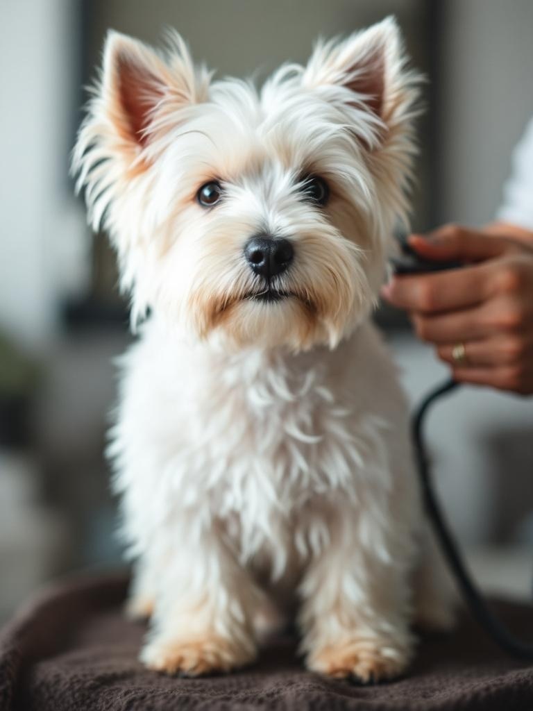 A West Highland White Terrier sitting on a grooming table, looking attentive while being groomed.