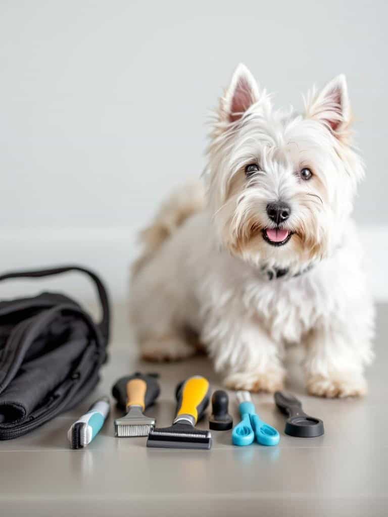 A happy Westie surrounded by grooming tools.