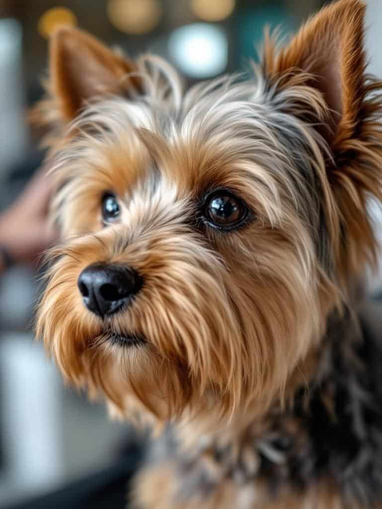 A Yorkshire Terrier sitting next to various grooming products labeled 'Safe' on a pink background.