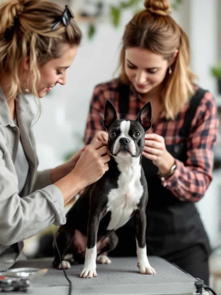 Two groomers attending to a Boston Terrier in a grooming salon