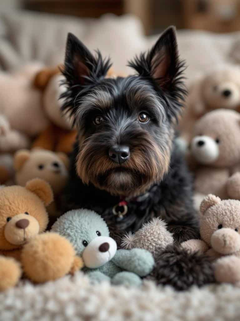 Scottish Terrier surrounded by plush toys, showcasing a cuddly muzzle trim.