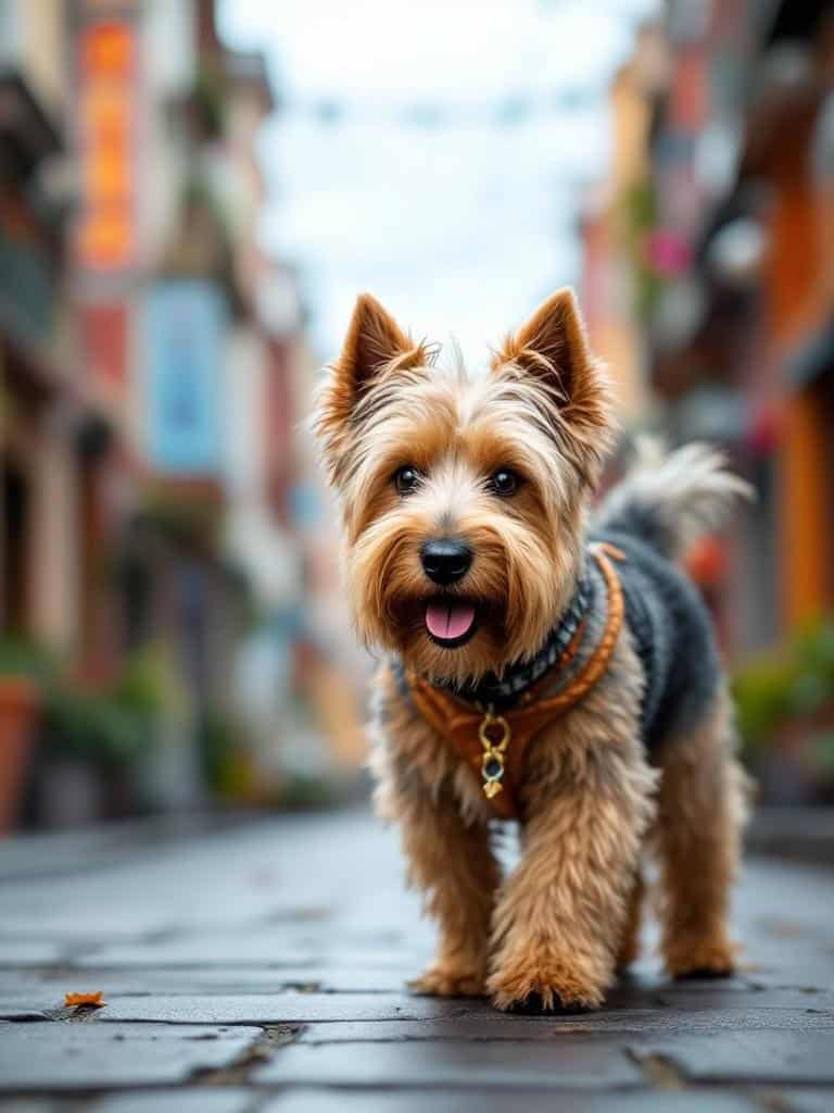 A Scottish Terrier with a trendy shaggy haircut walking down a charming street.