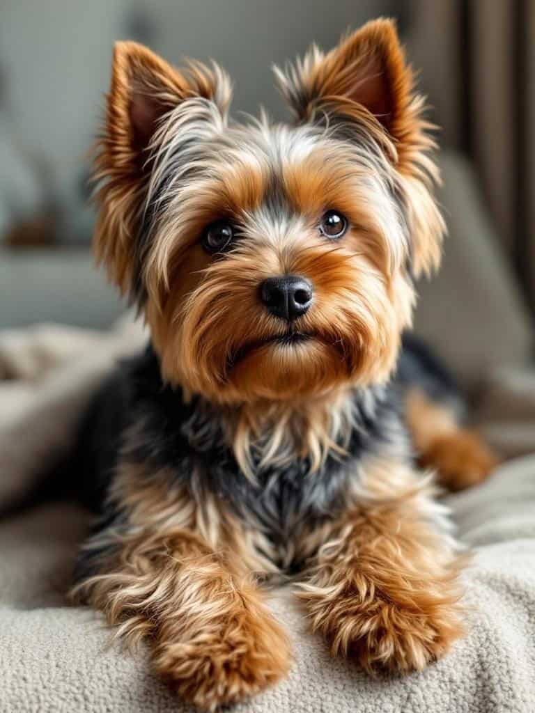 A close-up of a Yorkshire Terrier with a shiny coat, looking adorable and relaxed on a cozy surface.