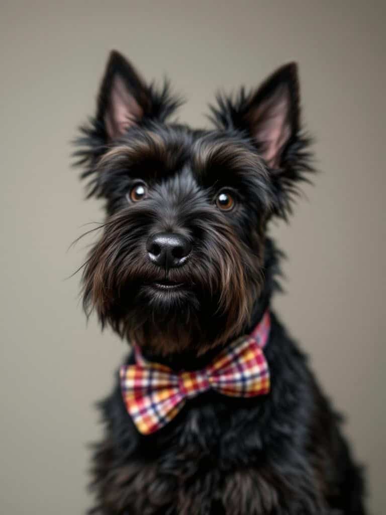 A Scottish Terrier with a round face cut and a plaid bow tie.