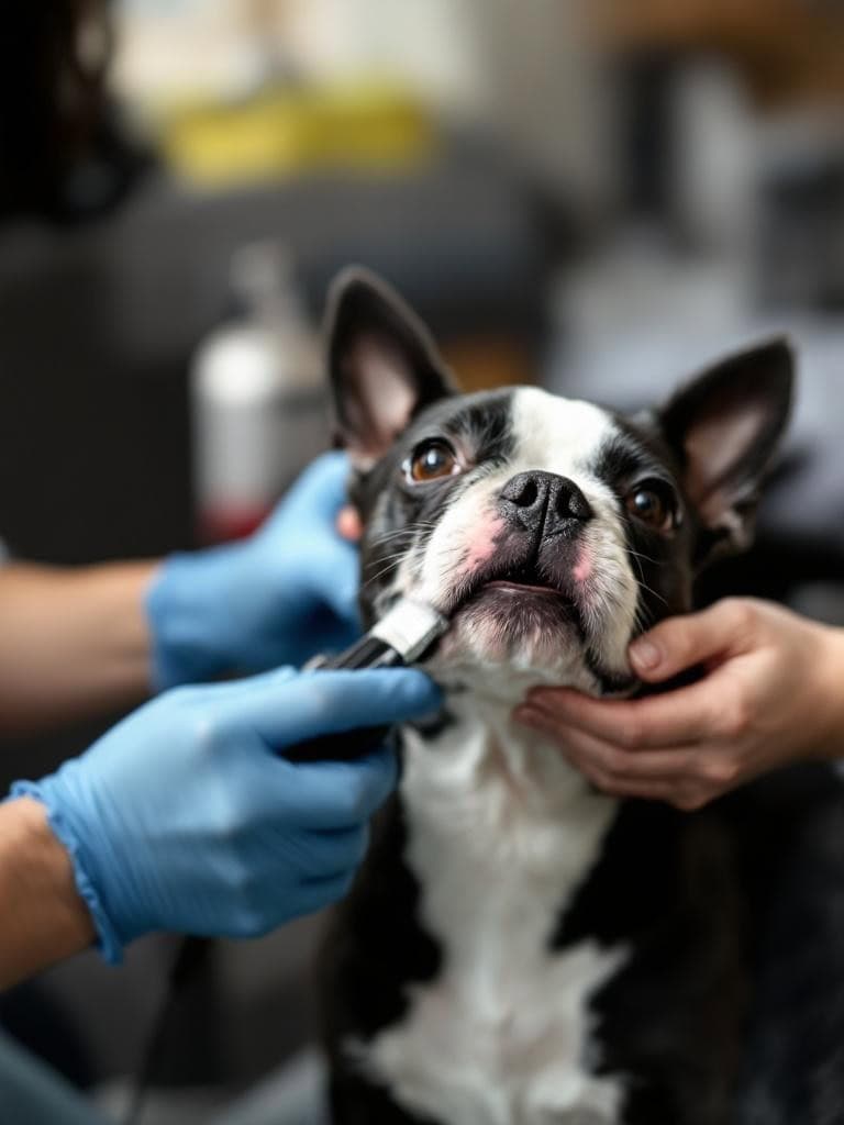 A Boston Terrier being groomed with a clipper by a person wearing blue gloves.