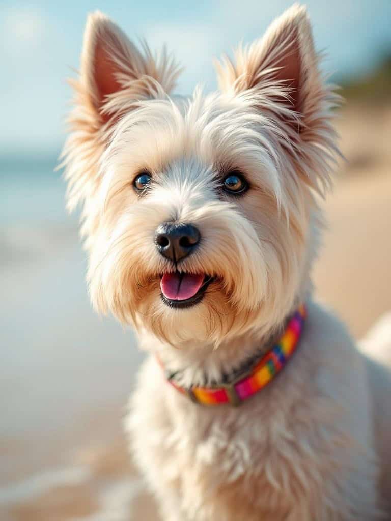 A happy Westie Terrier with a summer haircut, enjoying the beach.