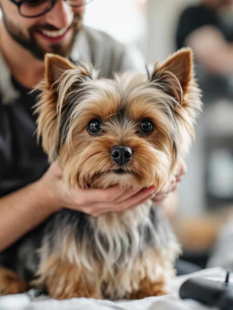 A groomer smiling while trimming a Yorkshire Terrier's fur, showcasing a bonding moment.