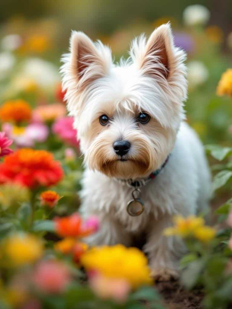 A Westie Terrier with a stylish shag haircut surrounded by colorful flowers.
