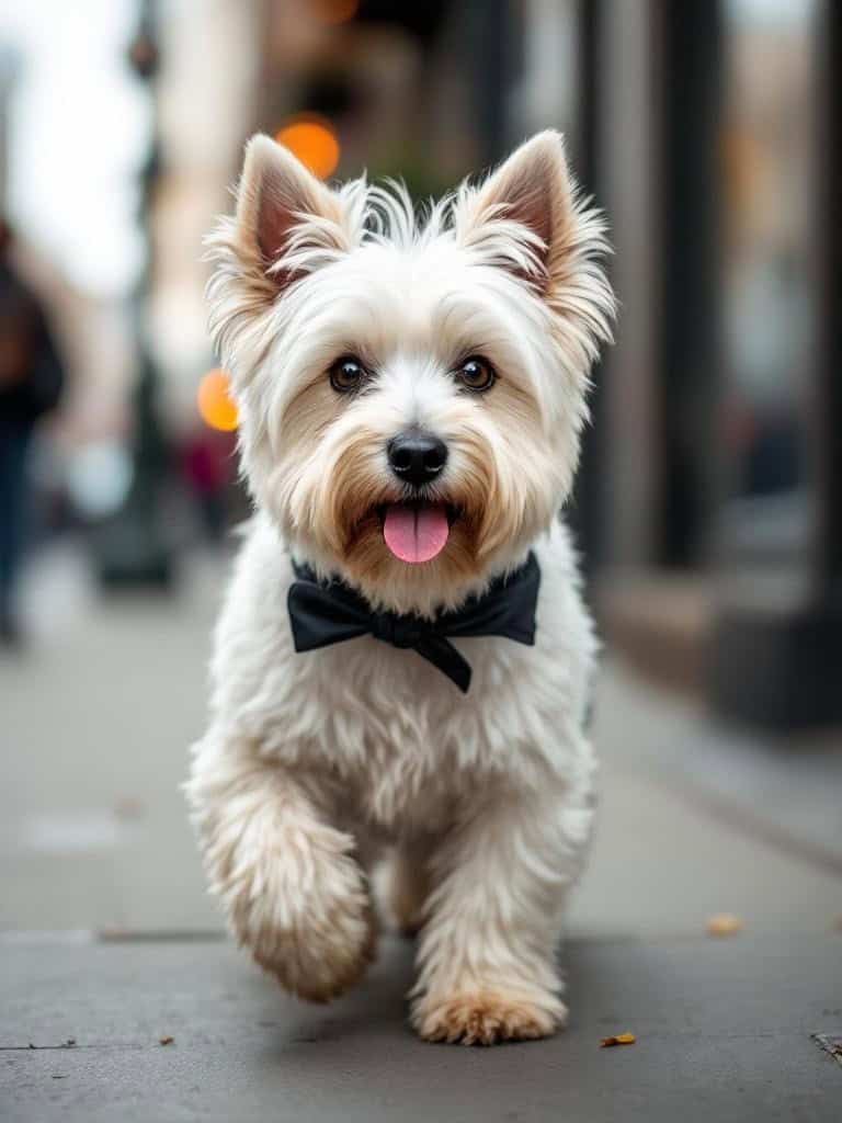 A Westie Terrier wearing a bow tie, walking confidently on the street.