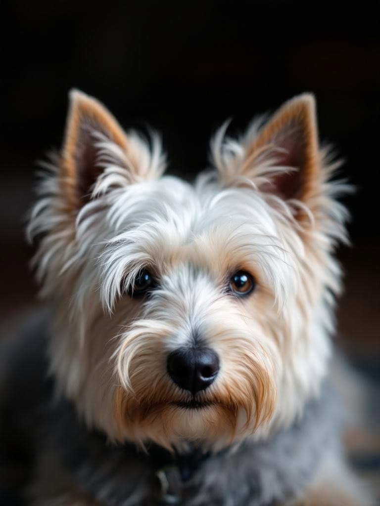 Close-up of a West Highland White Terrier with a fluffy coat and bright eyes.