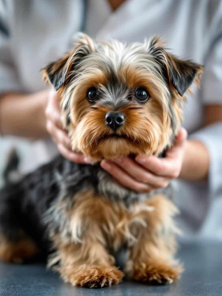 A Yorkshire Terrier being groomed, showcasing its shiny coat and attentive care.