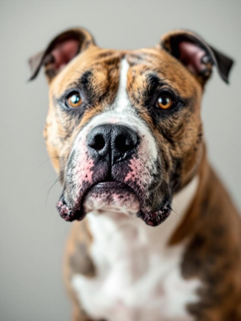 Close-up of a Staffordshire Bull Terrier's face, showing its strong features and expressive eyes.