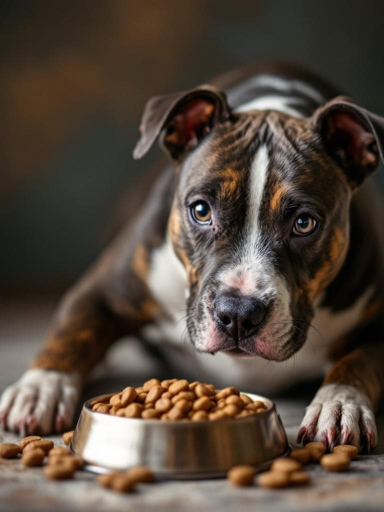 A Staffordshire Bull Terrier looking at a bowl of kibble