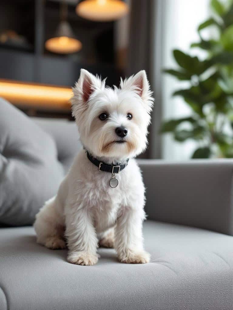 A Westie Terrier with a modern haircut sitting on a gray couch.