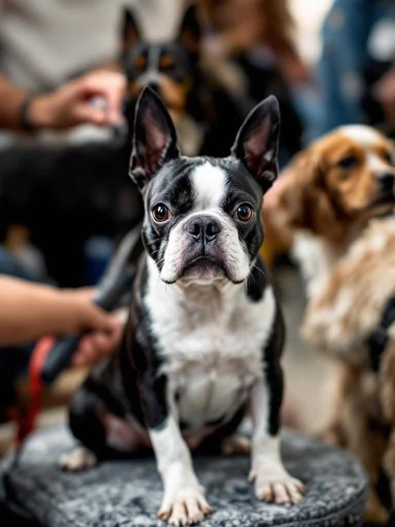 A Boston Terrier being groomed, showcasing the importance of socialization in grooming.