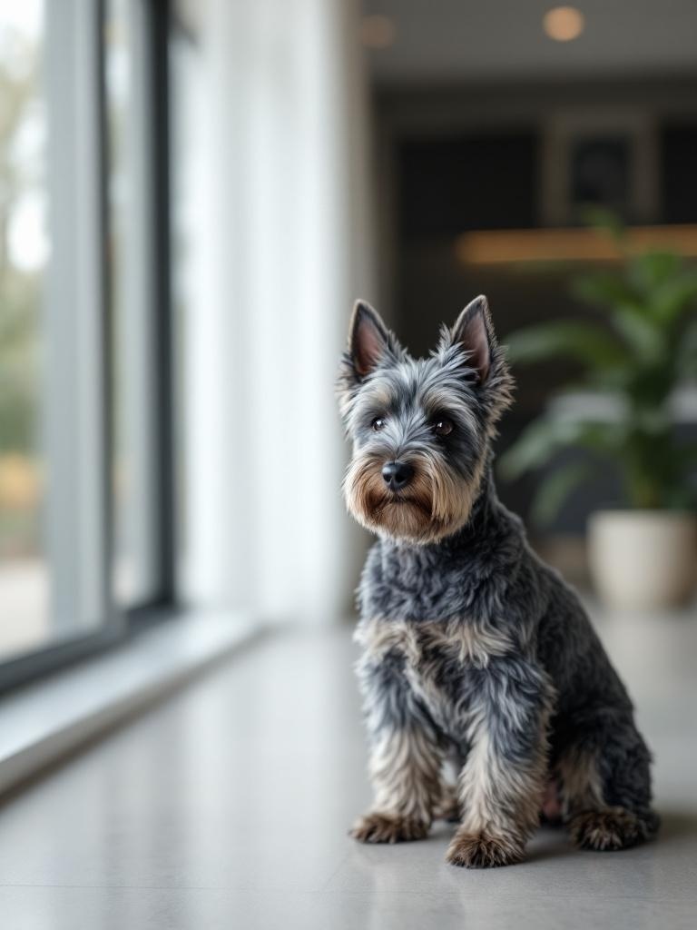 A Scottish Terrier with a stylish modern haircut sitting indoors.