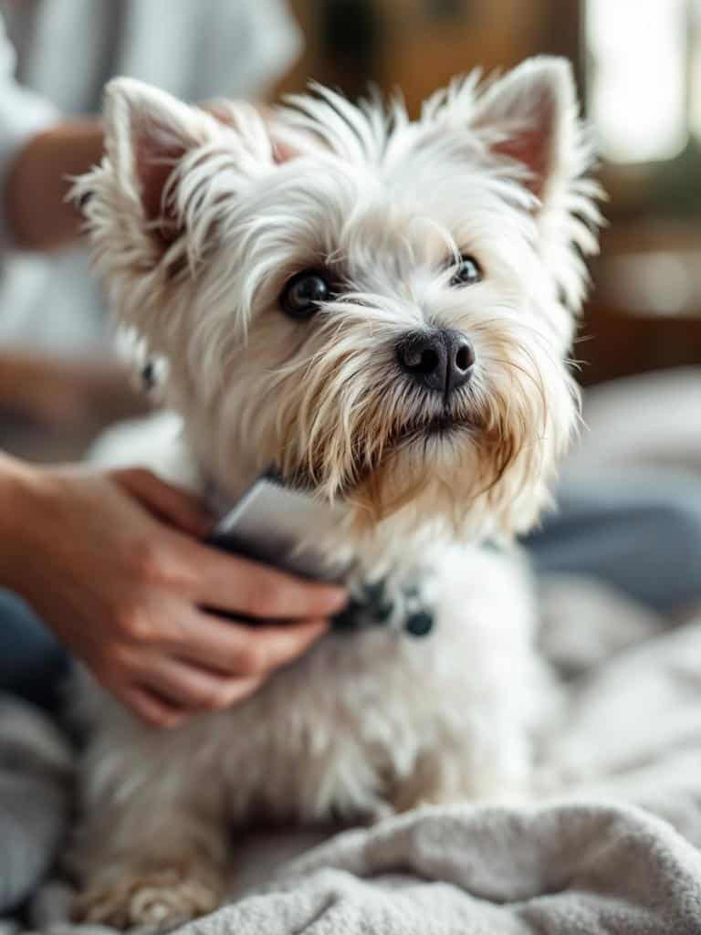 A person grooming a West Highland White Terrier, brushing its fur.