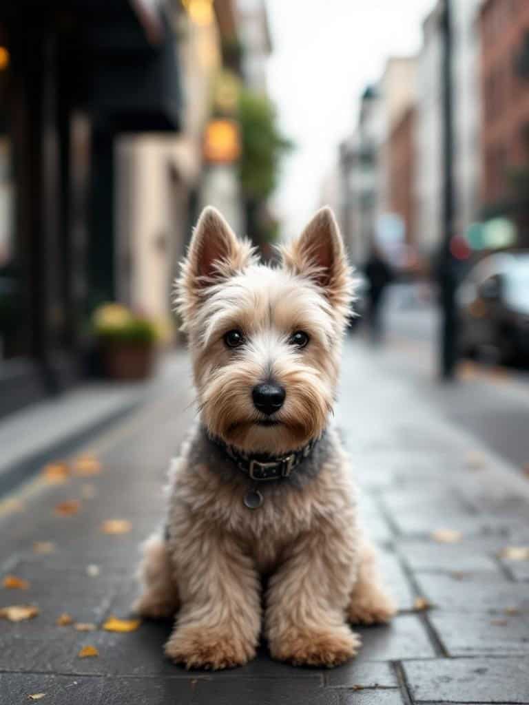 A stylish Scottish Terrier sitting on a city street, showcasing a chic and sleek haircut.