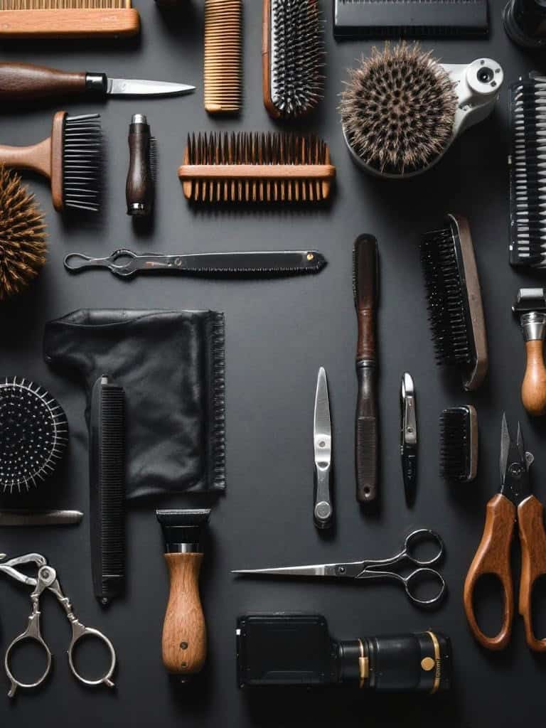 A collection of grooming tools for Yorkshire Terriers, including brushes, scissors, clippers, and combs on a dark background.