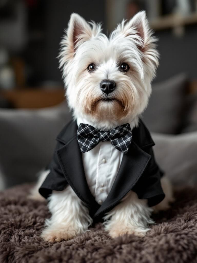 A Westie Terrier in a tuxedo with a bow tie, looking stylish and elegant.