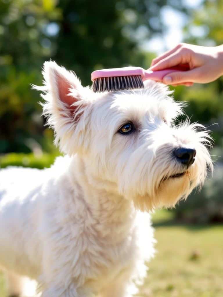 A West Highland White Terrier being brushed with a grooming tool.