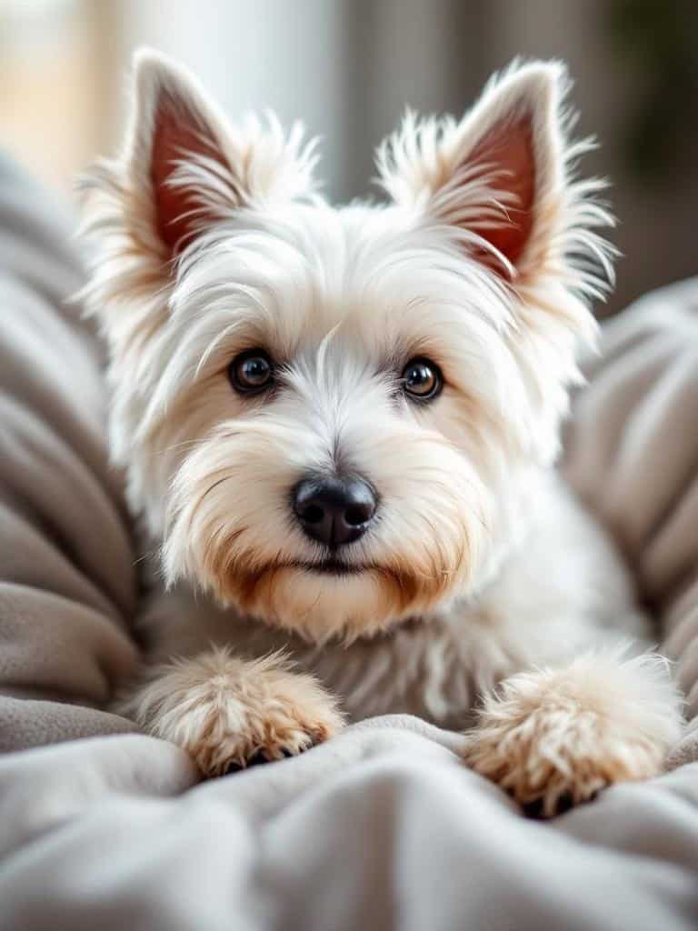 A Westie Terrier with a simple trim, looking cute and relaxed.