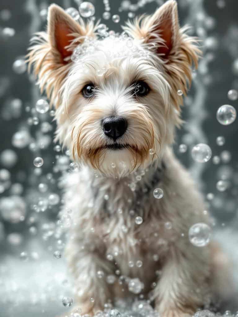 A West Highland White Terrier sitting next to various dog shampoos.