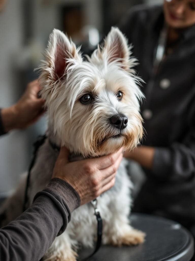 A person gently grooming a Westie while another small dog watches.