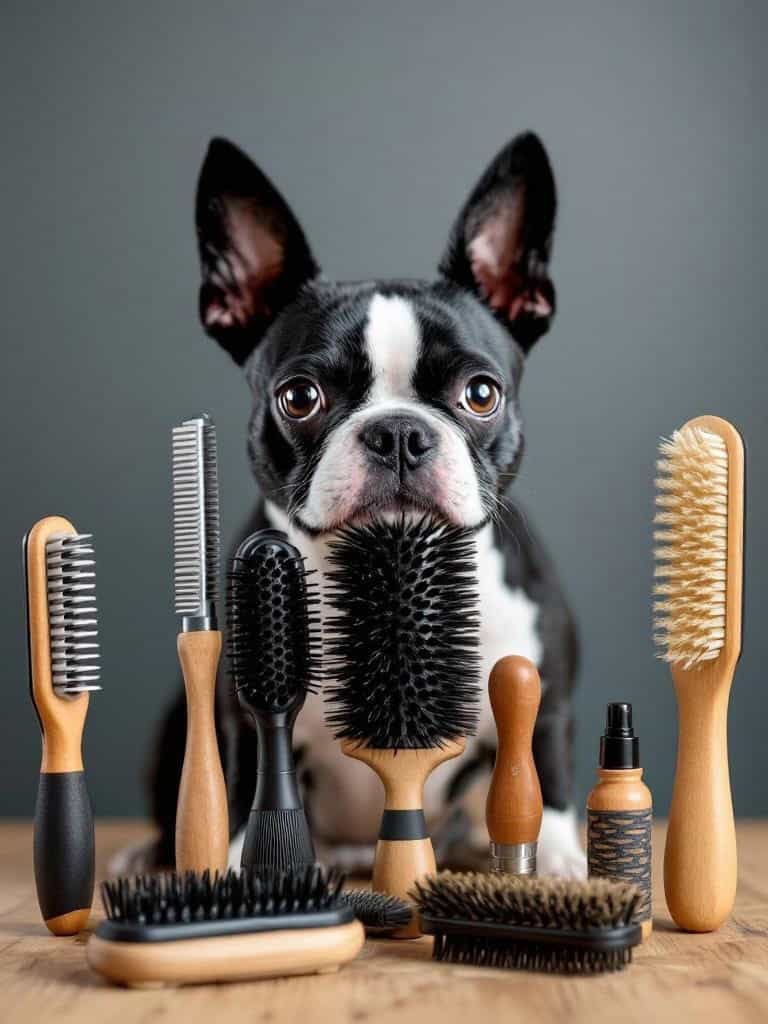 A Boston Terrier surrounded by various grooming brushes and tools.