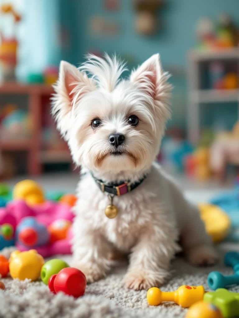 Westie Terrier with pink hair sitting among colorful toys