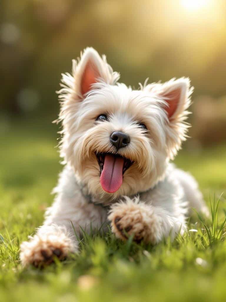 A Westie Terrier with a curly haircut, looking happy and playful in a grassy area.