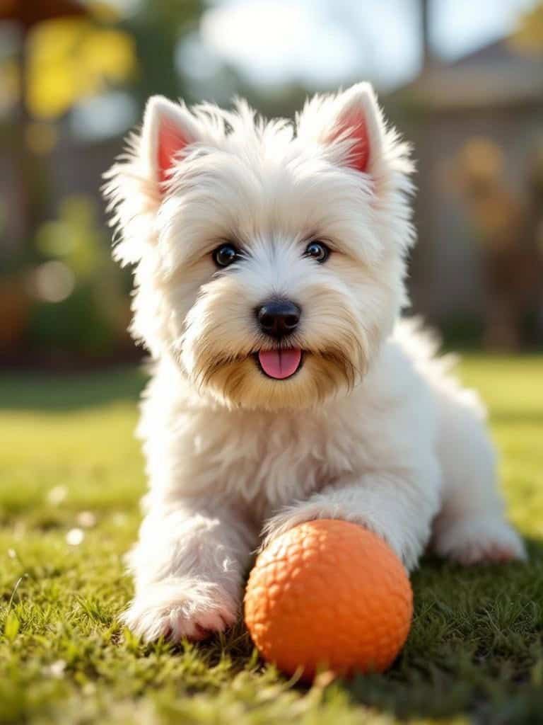 A Westie Terrier puppy with a short haircut playing with an orange ball.