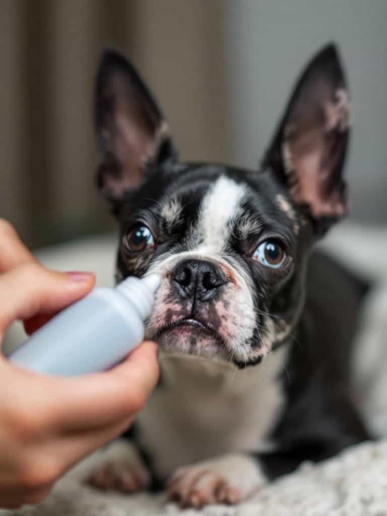 A Boston Terrier having tear stain solution applied to its face