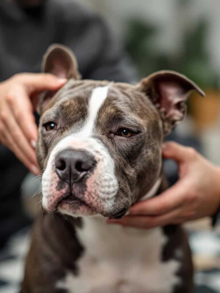 A Staffordshire Bull Terrier being gently handled by a person, showing a calm demeanor.