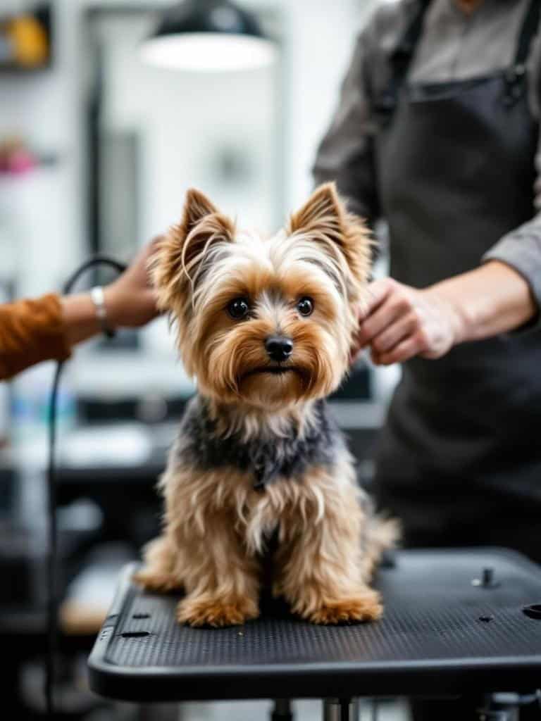 A Yorkshire Terrier being groomed at a professional grooming salon.