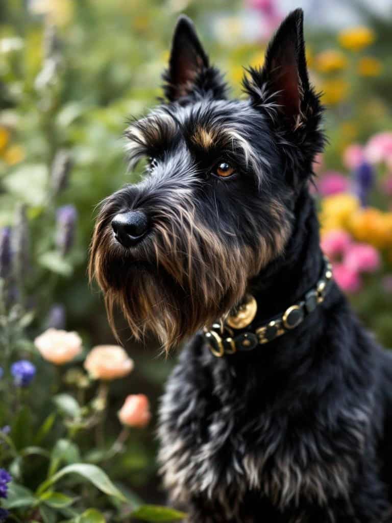 A Scottish Terrier with an elegant trim, surrounded by colorful flowers.