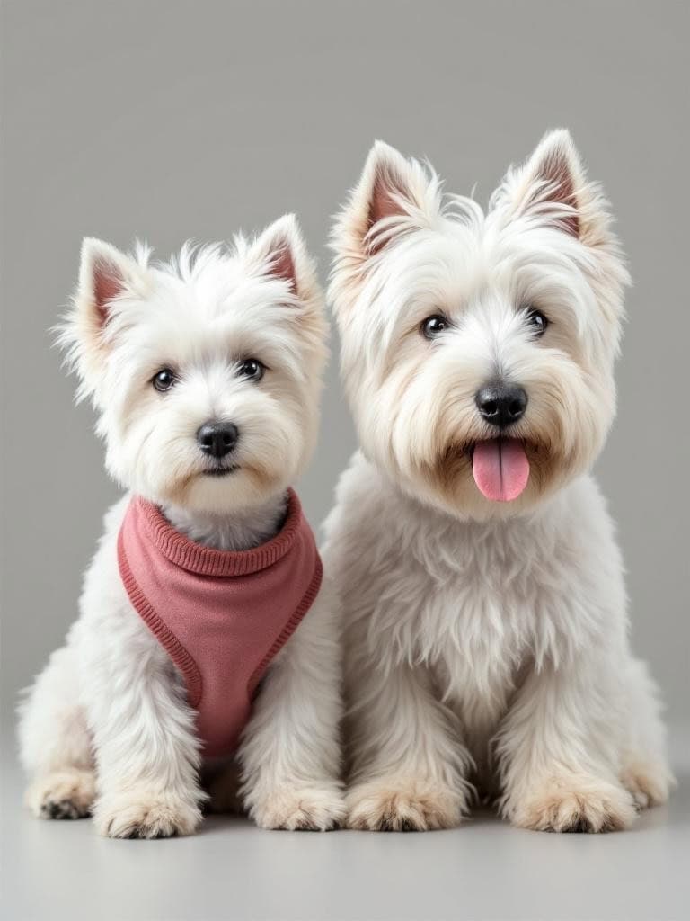Two West Highland White Terriers, one puppy and one adult, sitting together.
