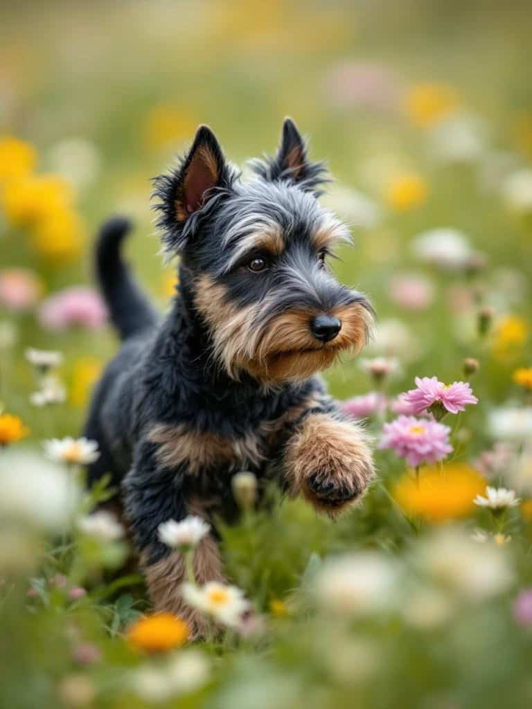 A Scottish Terrier with fluffy legs running through a field of flowers.
