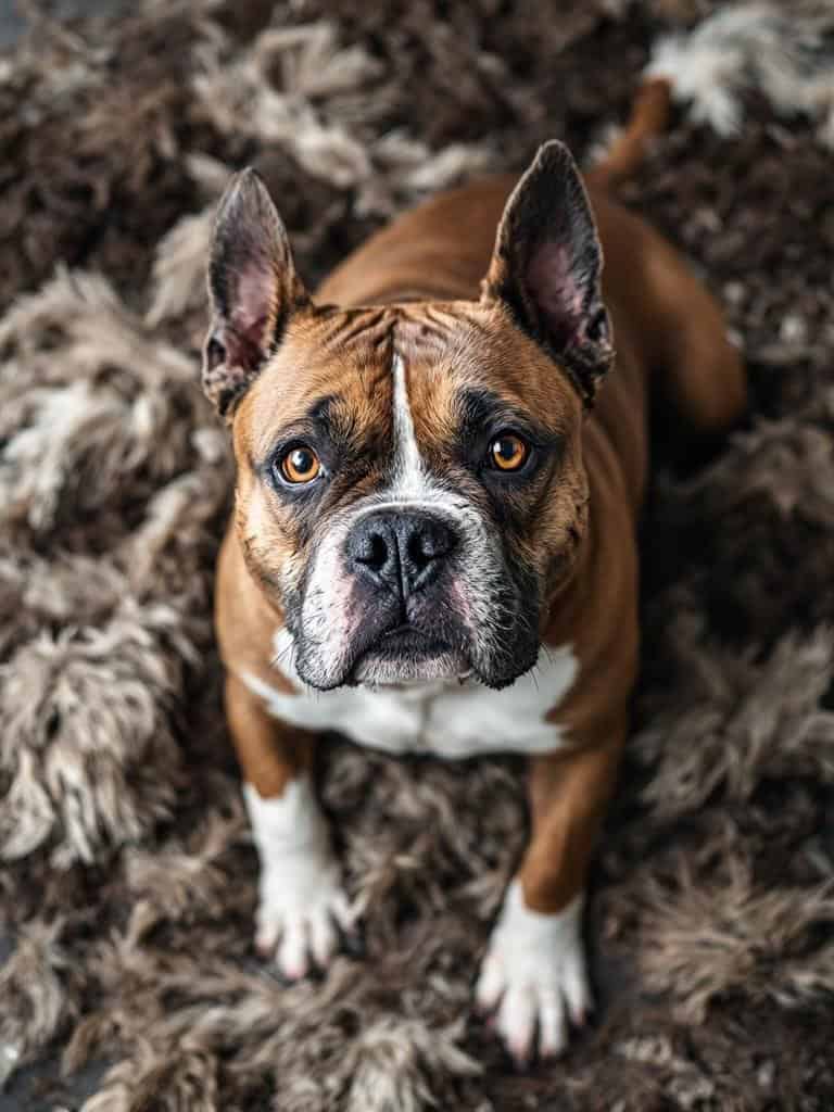 A Staffordshire Bull Terrier sitting on a fluffy rug, showcasing its smooth coat.