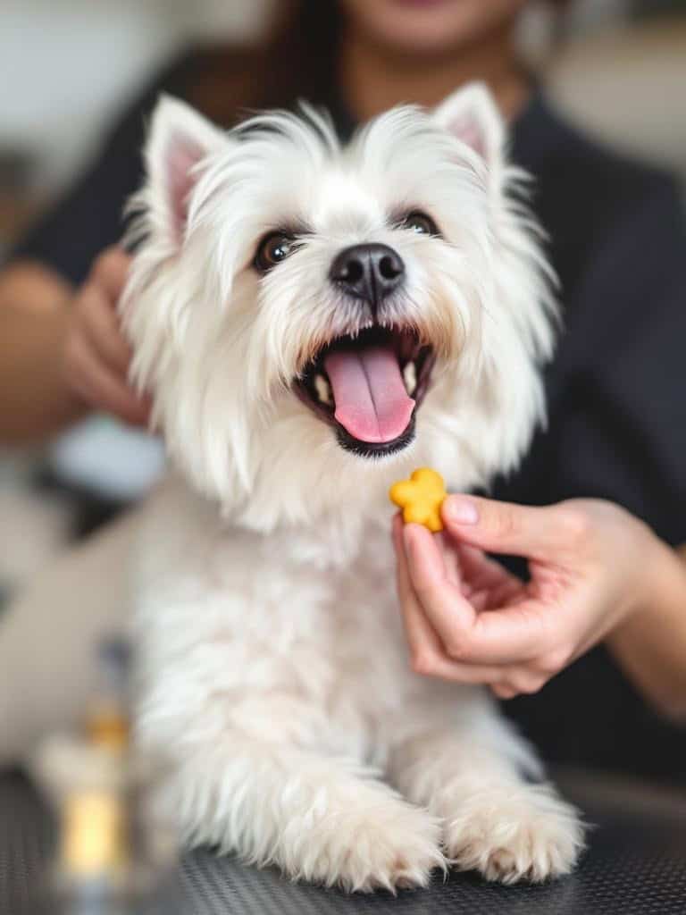 A person grooming a Westie while offering treats.