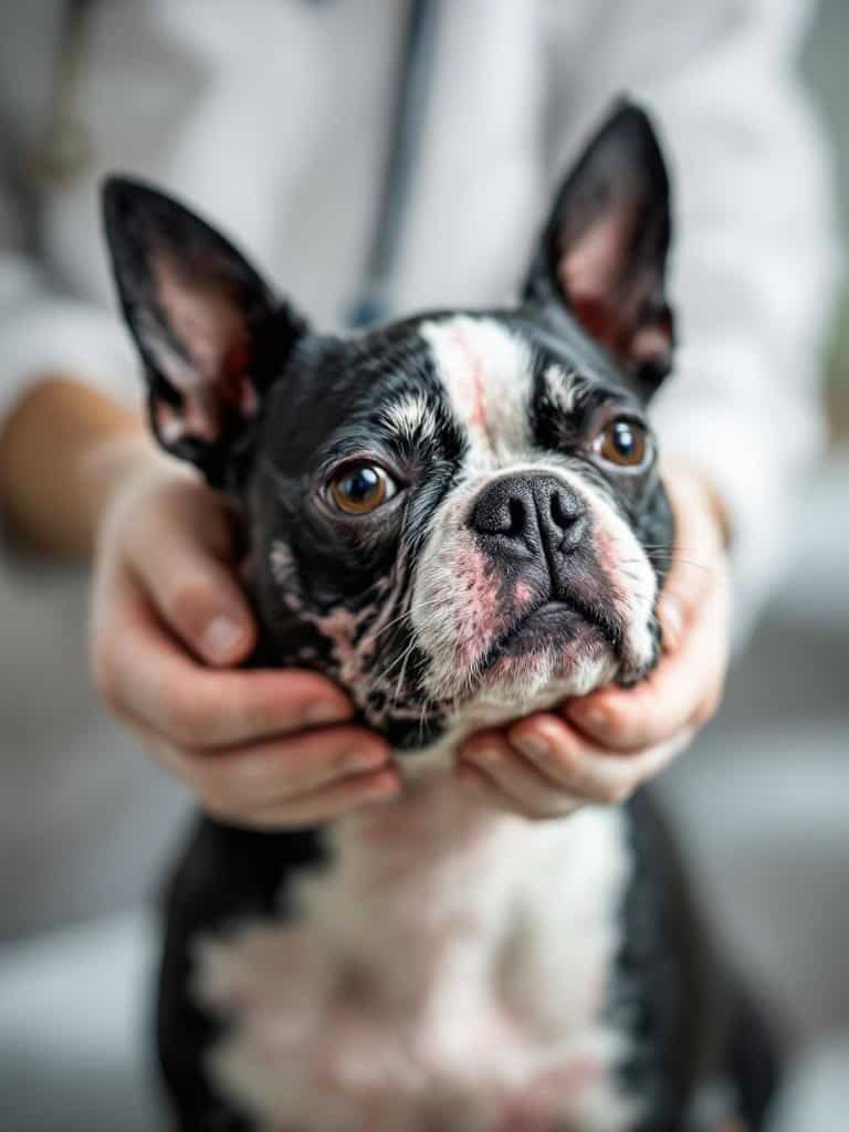 A Boston Terrier being examined by a veterinarian, focusing on its face and skin.