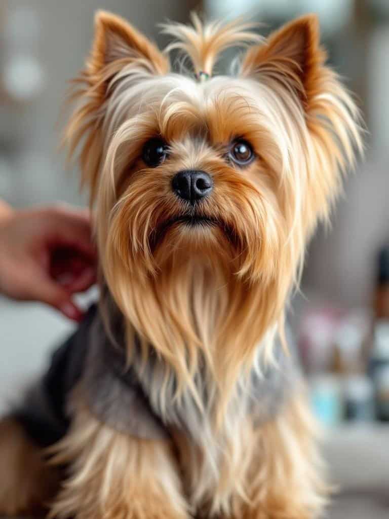 A well-groomed Yorkshire Terrier with long hair, looking adorable and healthy.