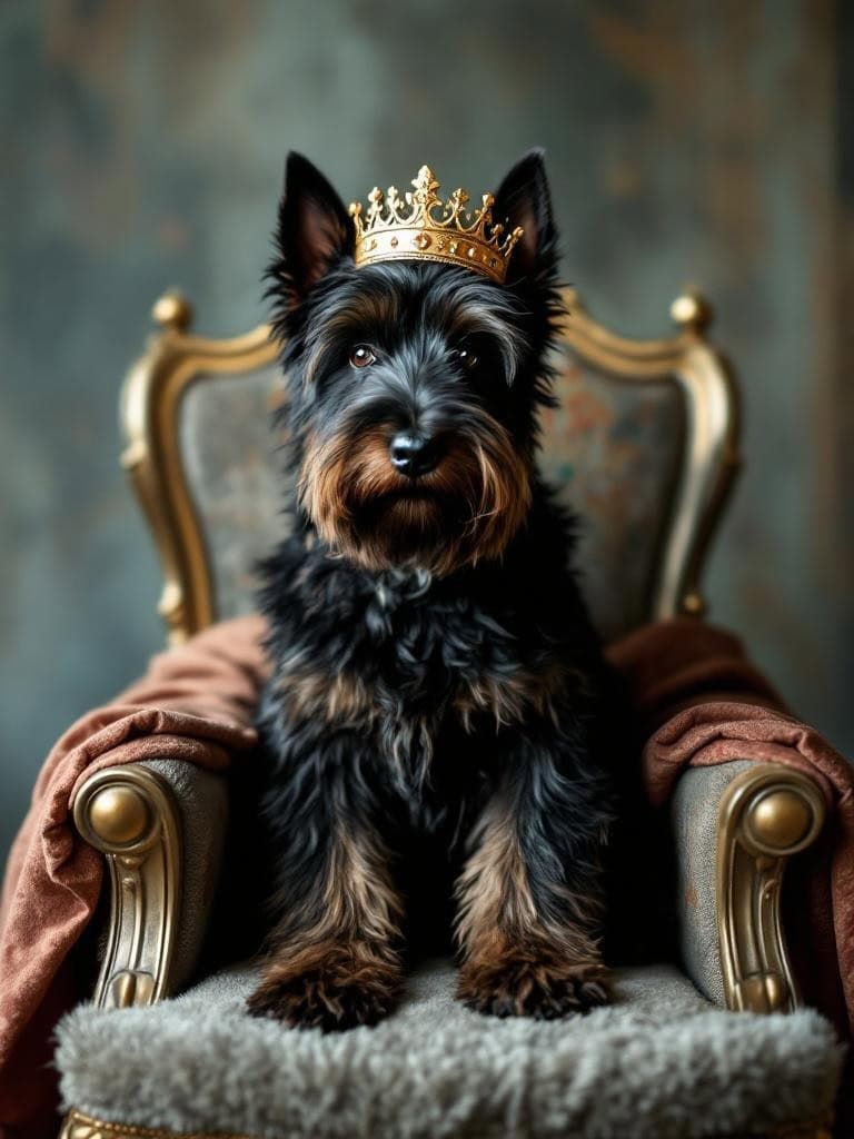 Scottish Terrier wearing a crown, sitting on a luxurious chair